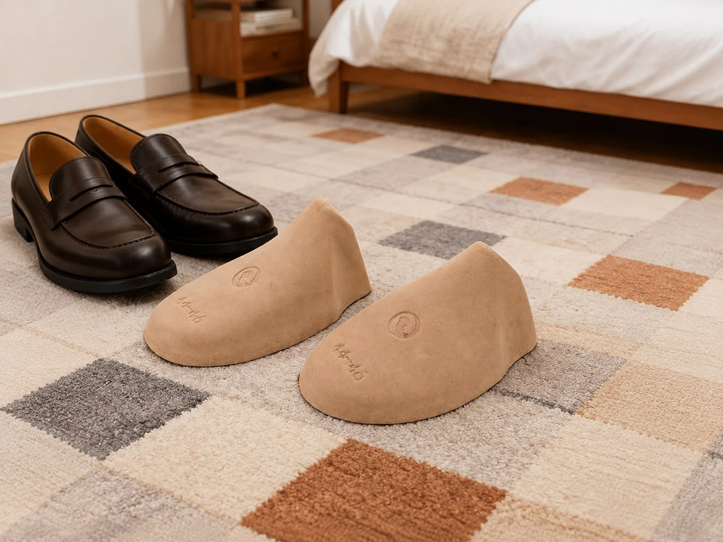 Molded pulp paper shoe trees displayed beside footwear